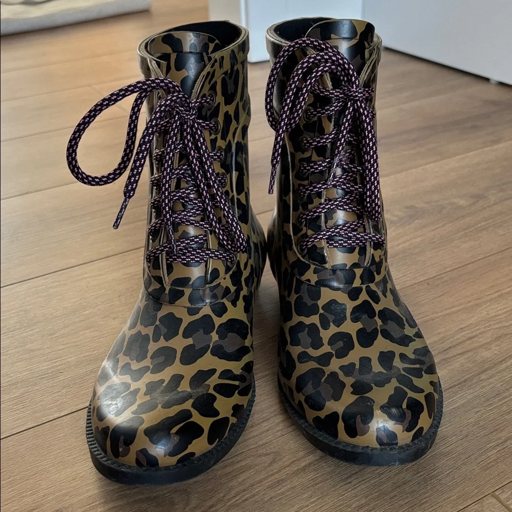 J. Crew Lace-Up Rain Boots in Leopard